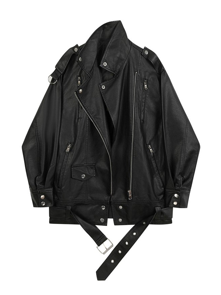Leder-Oversize-Bikerjacke in Schwarz