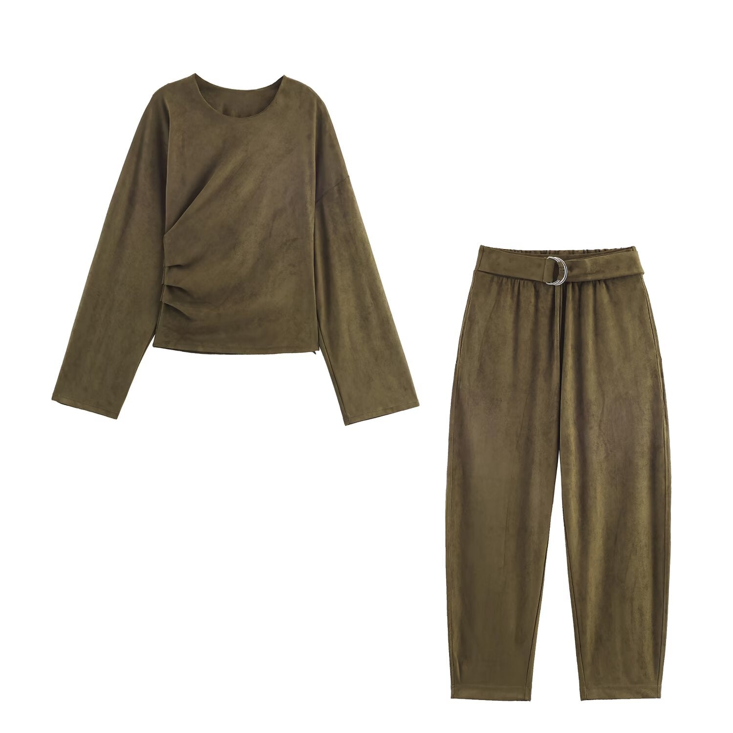 Schickes Wildleder-Hosen-Set – Zweiteiler in Khaki